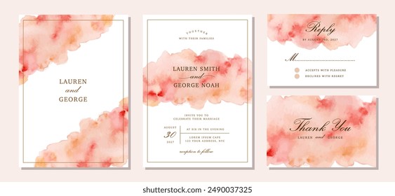 wedding invitation set with peach abstract watercolor