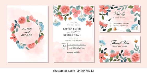 wedding invitation set with peach blue watercolor floral frame