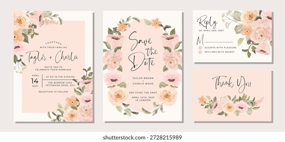 Invitación de boda con borde de acuarela floral rosa melocotón