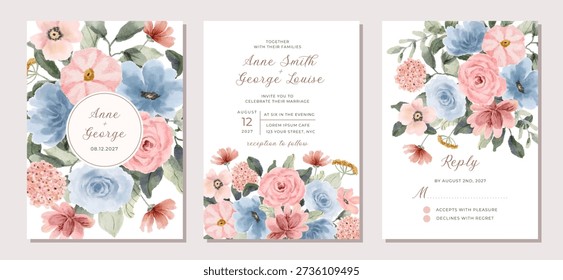 wedding invitation set with pink blue floral watercolor background