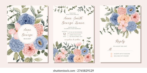 wedding invitation set with pink blue floral watercolor background
