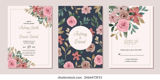 wedding invitation set with pink brown floral watercolor