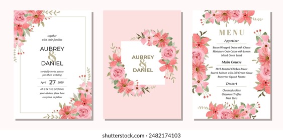 wedding invitation set with pink floral watercolor frame