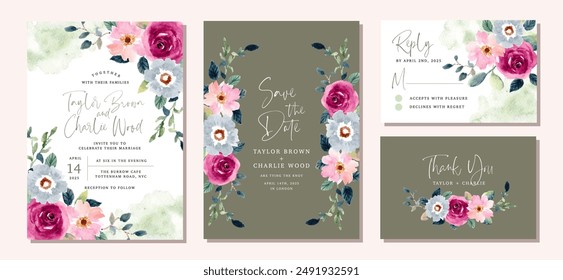 conjunto de invitación de boda con acuarela verde rosa floral