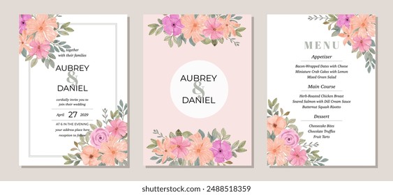 wedding invitation set with pink orange floral watercolor frame