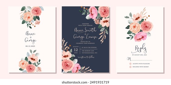 wedding invitation set with pink peach floral watercolor