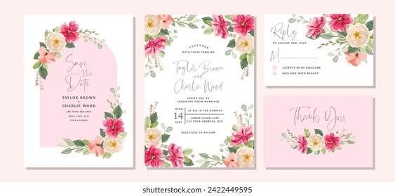 conjunto de invitación de boda con marco de acuarela floral rosa blanca