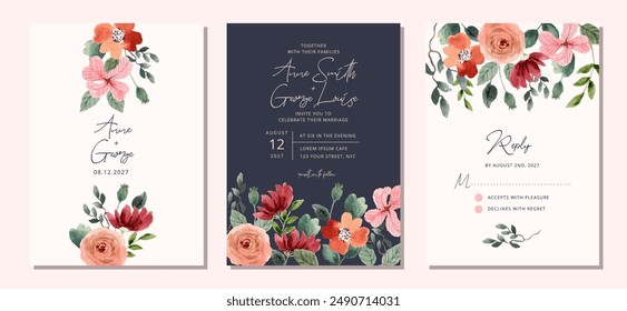 conjunto de invitación de boda con hermoso marco de acuarela de flores