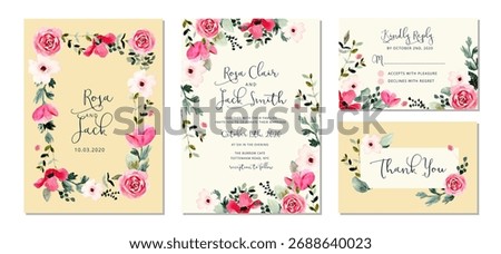 wedding invitation set with pretty flower frame watercolor