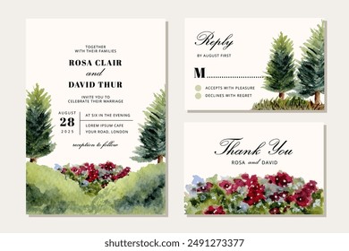 wedding invitation set with pretty watercolor landscape