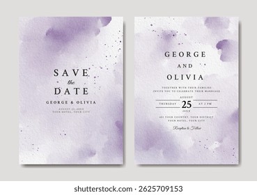 Wedding invitation set of purple abstract watercolor