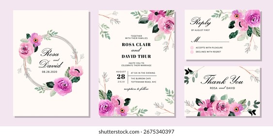 wedding invitation set with purple flower frame watercolor