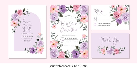 invitación de boda con marco floral color púrpura rosa de color agua