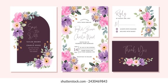 wedding invitation set with purple pink floral watercolor frame