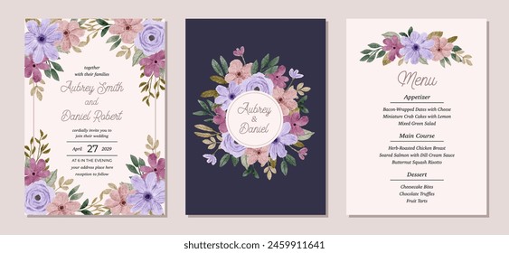wedding invitation set with purple pink floral watercolor frame