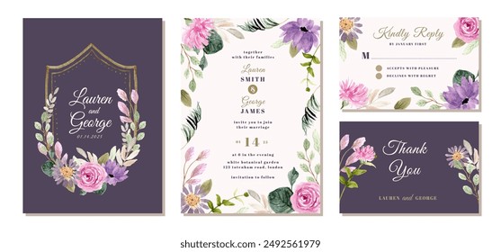 wedding invitation set with purple pink watercolor vintage floral