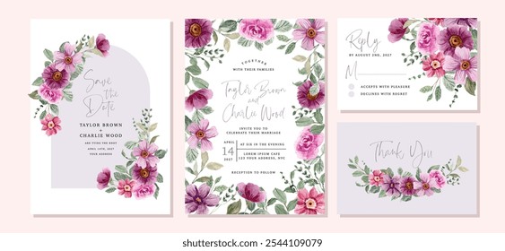 wedding invitation set with purple pink floral watercolor frame