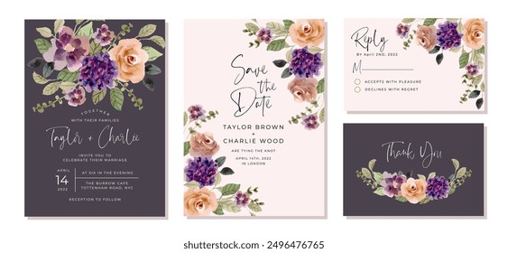 wedding invitation set with purple yellow floral watercolor