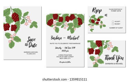 Wedding invitation set with red currant berry and leaf. Bridal card collection with fruit plant as decoration. Double sided invite card, RSVP card, thank you card.