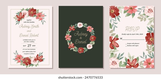 conjunto de invitación de boda con marco de acuarela floral rosa roja