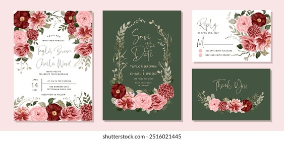 wedding invitation set with red pink green floral watercolor frame