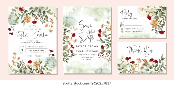 wedding invitation set with red yellow floral garden watercolor frame