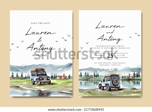 Wedding invitation set of road trip with lake\
view watercolor