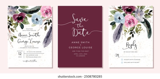 wedding invitation set with rustic floral and feather watercolor