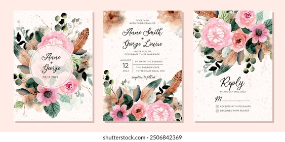 wedding invitation set with rustic flower and feather watercolor