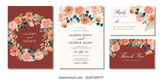 wedding invitation set with rustic peach floral watercolor