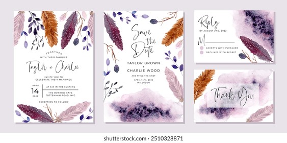 wedding invitation set with rustic purple feather and leaves watercolor