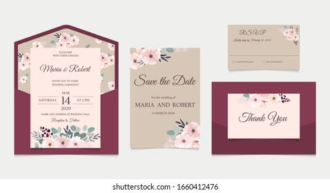 Wedding invitation set in rustic style with pattern of pink flowers. Wedding envelope, invitation, RSVP, Save the date card template.