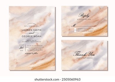 wedding invitation set with soft abstract watercolor background