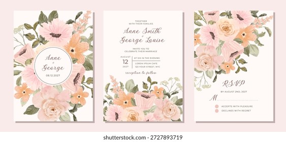 Invitación de boda con fondo de acuarela floral de melocotón rosa suave