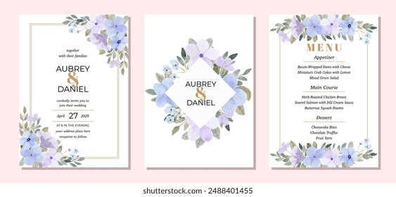 wedding invitation set with soft purple blue floral watercolor frame