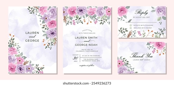 wedding invitation set with soft purple pink floral watercolor frame