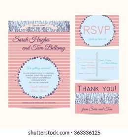 Wedding invitation set with striped background and hand drawn branch of flax