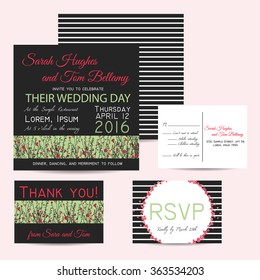 Wedding invitation set with striped background and hand drawn branch of flax