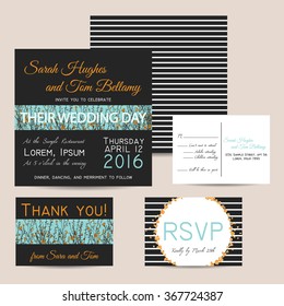 Wedding invitation set with striped background and hand drawn branch of flax