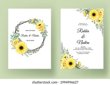 Wedding Invitation Set With Sunflower Wreath Watercolor Illustration Frame