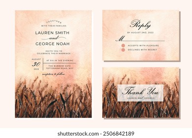 wedding invitation set with sunset grass field watercolor background