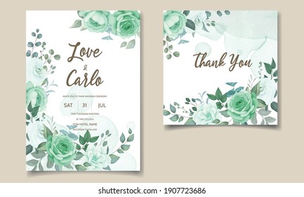 Wedding invitation set template with floral greenery