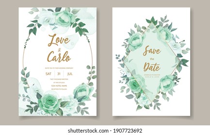 Wedding invitation set template with floral greenery