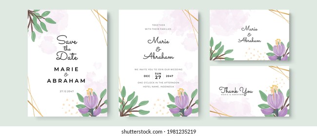 Wedding invitation set template with greenery floral, purple watercolor flower, gold lines decoration. Set of card with flower rose, leaves. Wedding ornament concept. Floral poster, invite. Vector