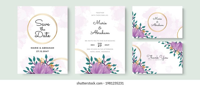 Wedding invitation set template with greenery floral, purple watercolor flower, gold lines decoration. Set of card with flower rose, leaves. Wedding ornament concept. Floral poster, invite. Vector