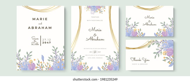 Plantilla de juego de invitación a la boda con floral verde, flor de color morado, líneas doradas de decoración. Juego de cartas con rosa de flor, hojas. Concepto de ornamento de boda. Afiche floral, invitación. Vector