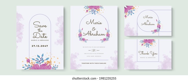 Plantilla de juego de invitación a la boda con floral verde, flor de color morado, líneas doradas de decoración. Juego de cartas con rosa de flor, hojas. Concepto de ornamento de boda. Afiche floral, invitación. Vector