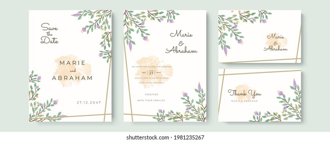 Wedding invitation set template with greenery floral, purple watercolor flower, gold lines decoration. Set of card with flower rose, leaves. Wedding ornament concept. Floral poster, invite. Vector