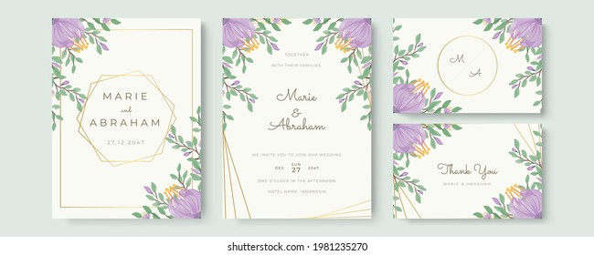 Wedding invitation set template with greenery floral, purple watercolor flower, gold lines decoration. Set of card with flower rose, leaves. Wedding ornament concept. Floral poster, invite. Vector