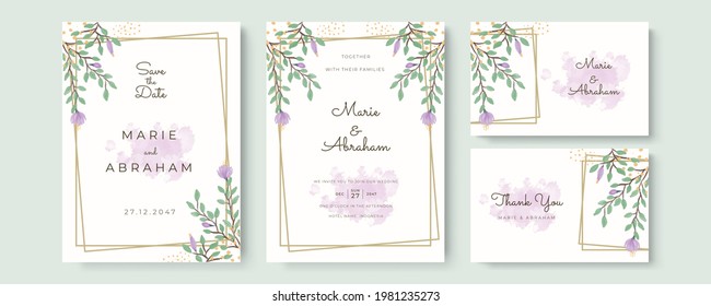 Wedding invitation set template with greenery floral, purple watercolor flower, gold lines decoration. Set of card with flower rose, leaves. Wedding ornament concept. Floral poster, invite. Vector